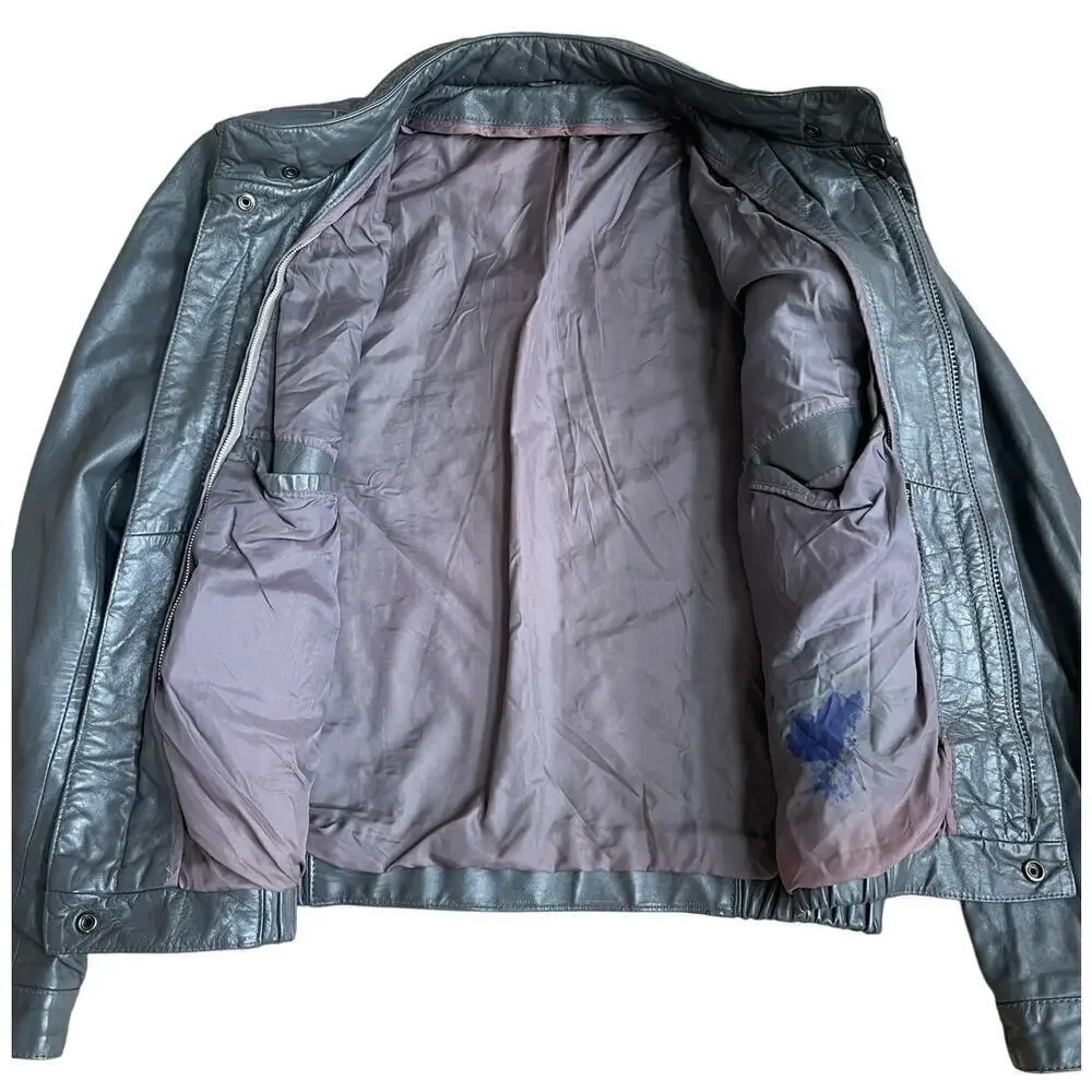Vintage 80s 90s Men's Moto Leather Jacket Full Zip Hidden Hood No Tag - FLAW